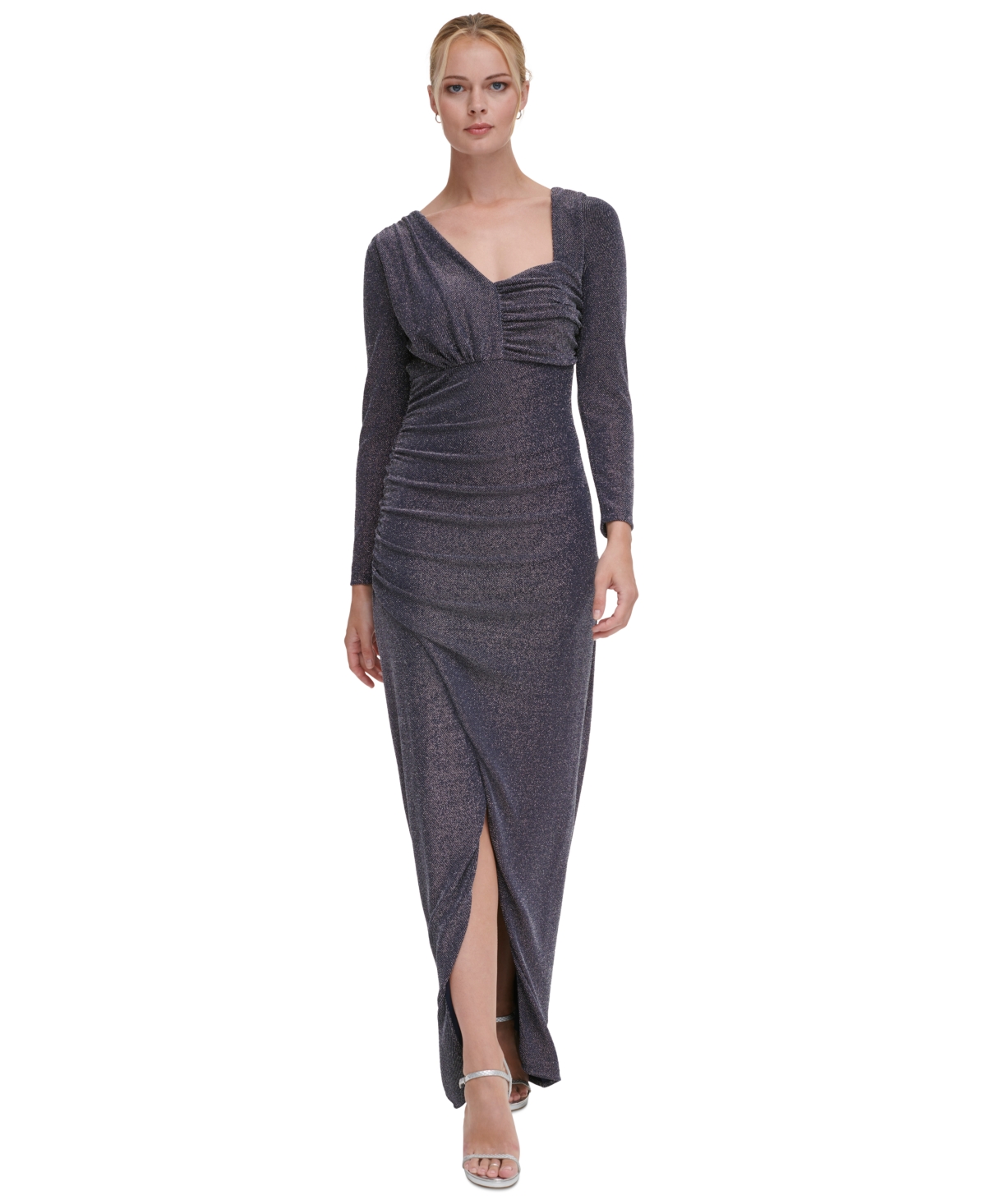 Dkny Women's Shimmer Asymmetric-neck Side-ruched Gown In Navy,silver