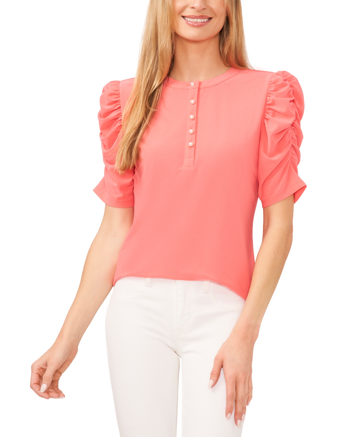 Cece Ruched Puff Sleeve Henley Top In Calypso Coral