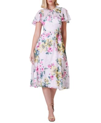 Jessica Howard - Petite Printed Flutter-Sleeve Tie-Waist Dress