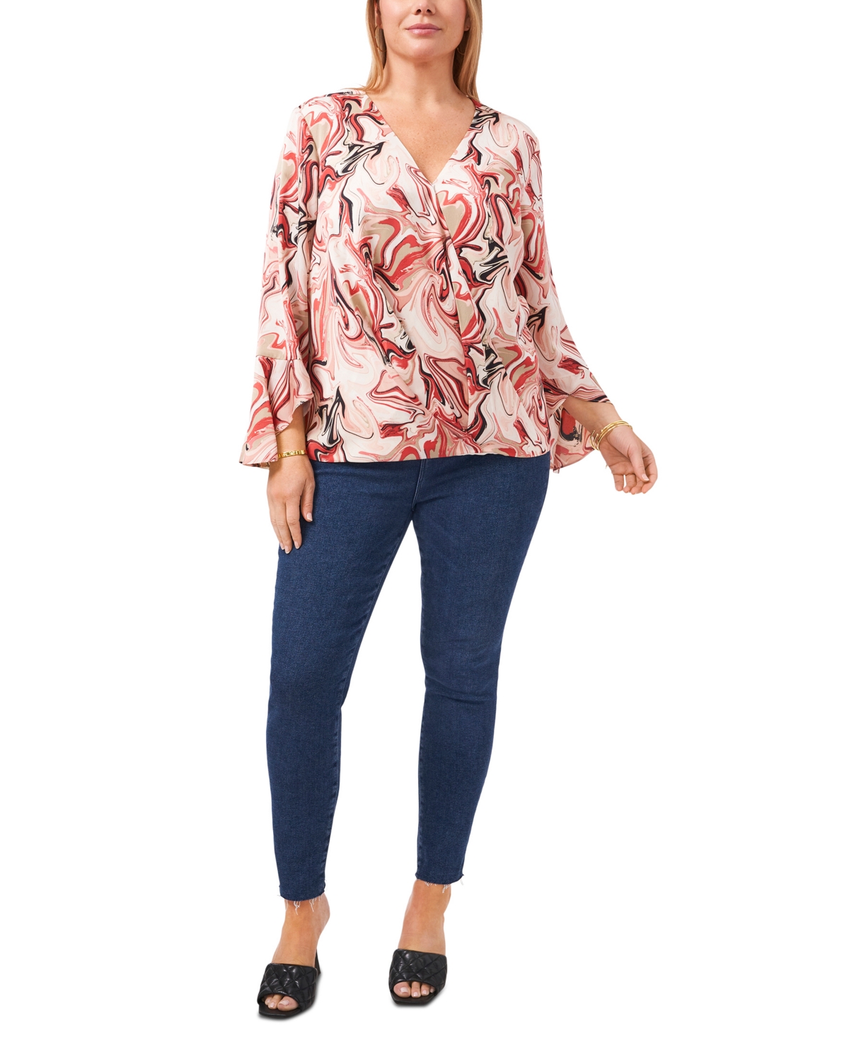Shop Vince Camuto Plus Size Marble Print Faux Wrap Top In Red Sepia