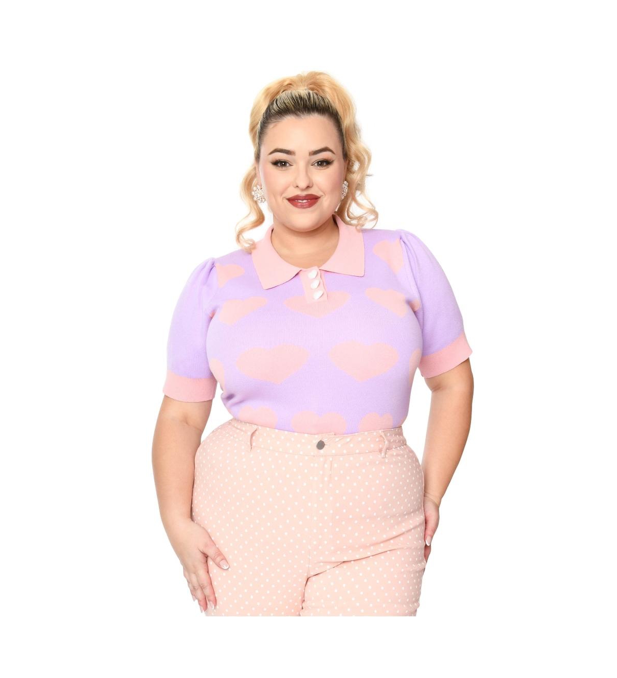 Plus Size Collared Short Sleeve Prim & Pretty Sweater - Lavender/pink hearts