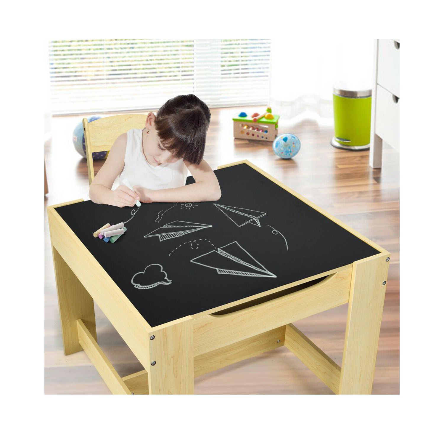 Kids Table Chairs Set With Storage Boxes Blackboard Whiteboard Drawing