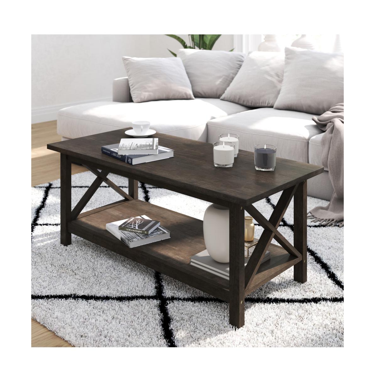 Matty Rustic Coffee Table With Lower Shelf, Farmhouse Style Solid Wood Accent