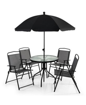 6 Pieces Patio Dining Set Folding Chairs Glass Table Tilt Umbrella for Garden-Grey