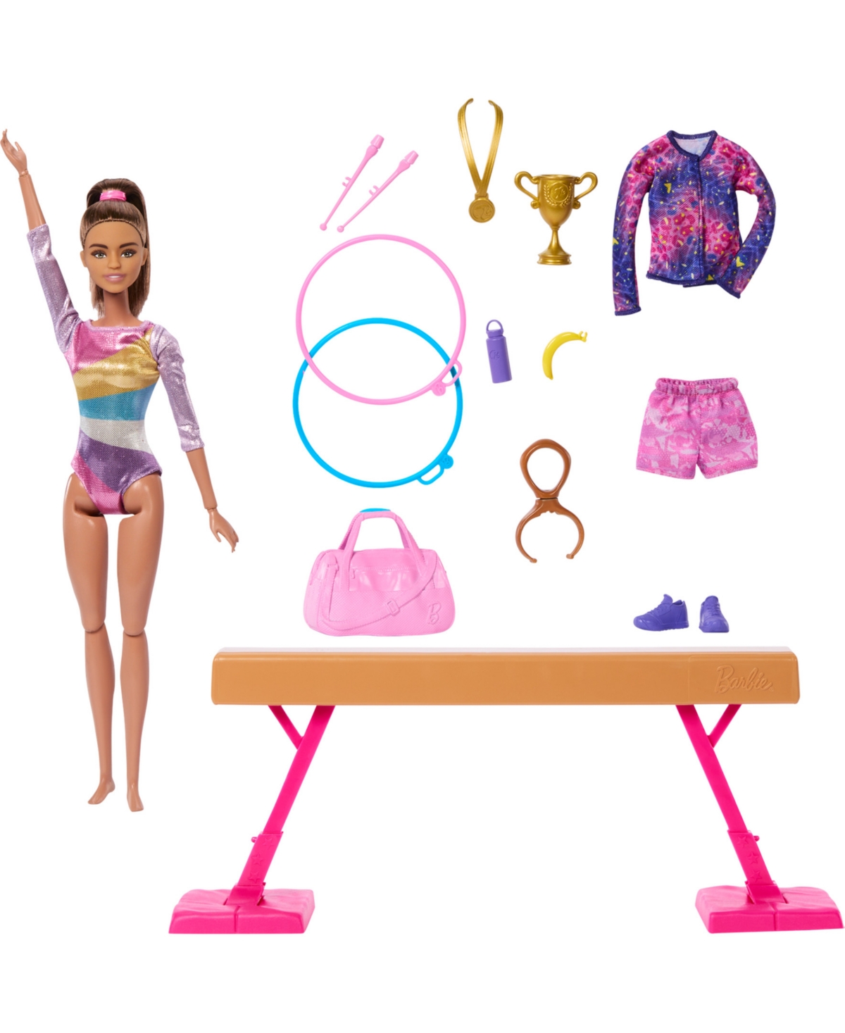 Shop Barbie Gymnastics Play Set With Brunette Fashion Doll, Balance Beam, 10 Plus Accessories And Flip Feature In Multi