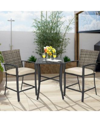 3 Pieces Rattan Bar Furniture Set with Slat Table and 2 Cushioned Stools