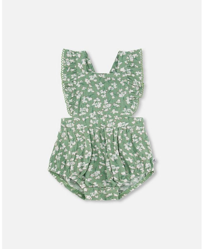 Deux par Deux Baby Girl Muslin Ruffle Romper Green Jasmine Flower Print