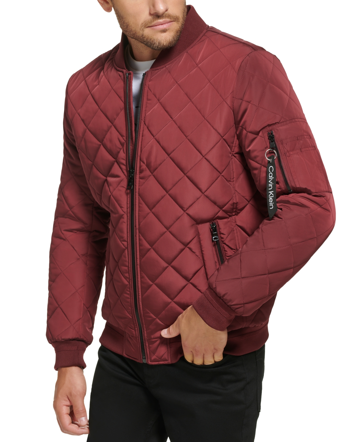 Calvin Klein Men's Quilted Baseball Jacket With Rib-knit Trim In Burgundy