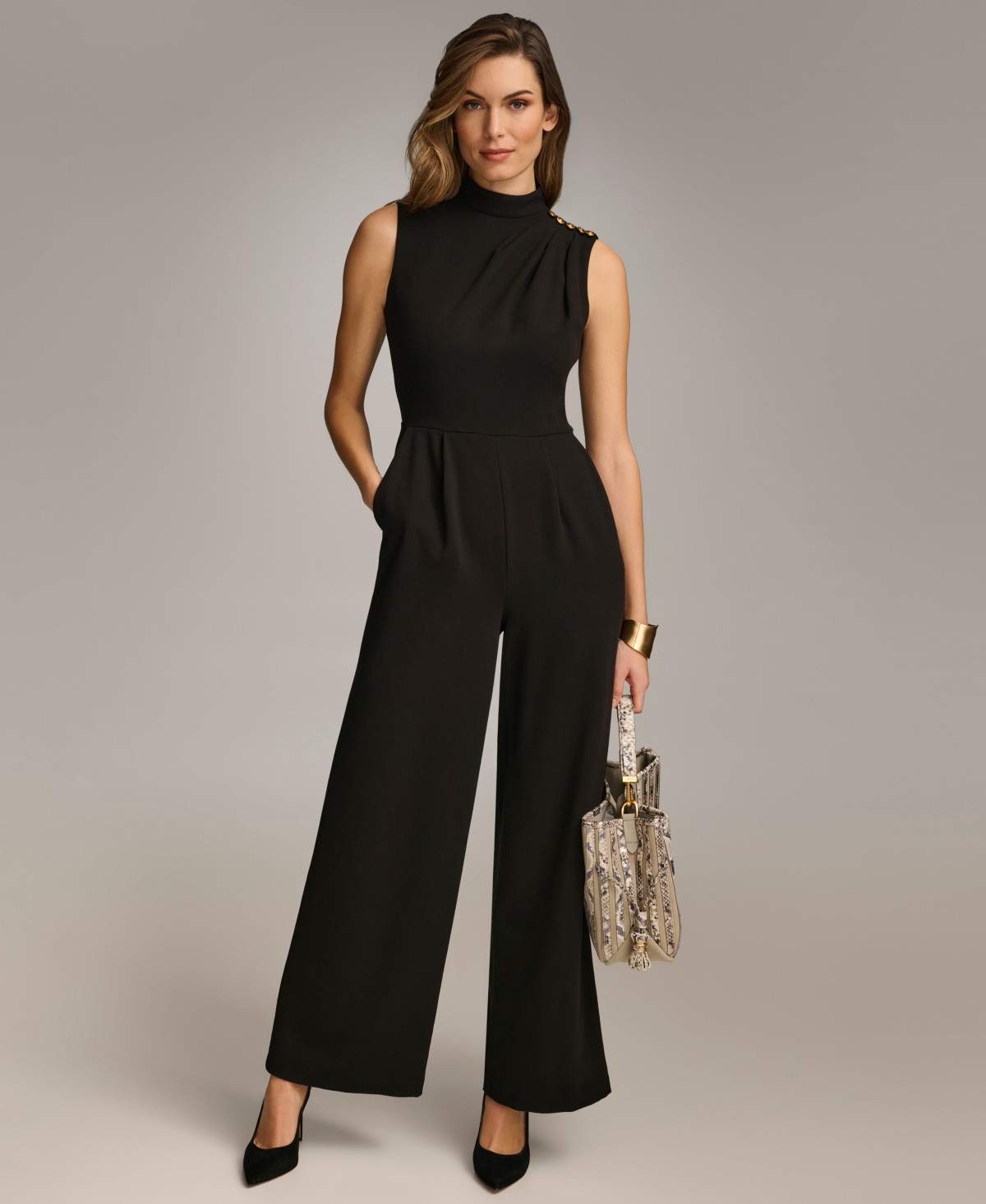 Shop Donna Karan Women's Mock-neck Sleeveless Straight-leg Jumpsuit In Black