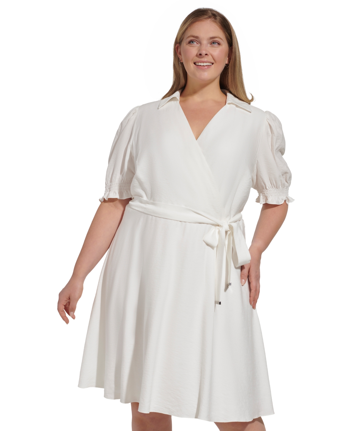 Shop Dkny Plus Size Puff-sleeve Tie-waist Fit & Flare In Cream