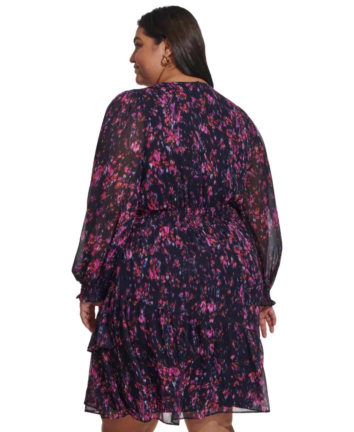 Shop Dkny Plus Size Printed Blouson-sleeve Fit & Flare Dress In Navy,pink
