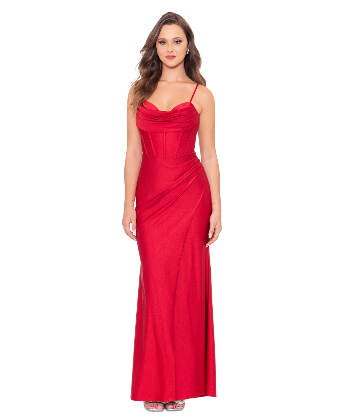Women's Drape-Neck Sleeveless Sheath Gown - Red