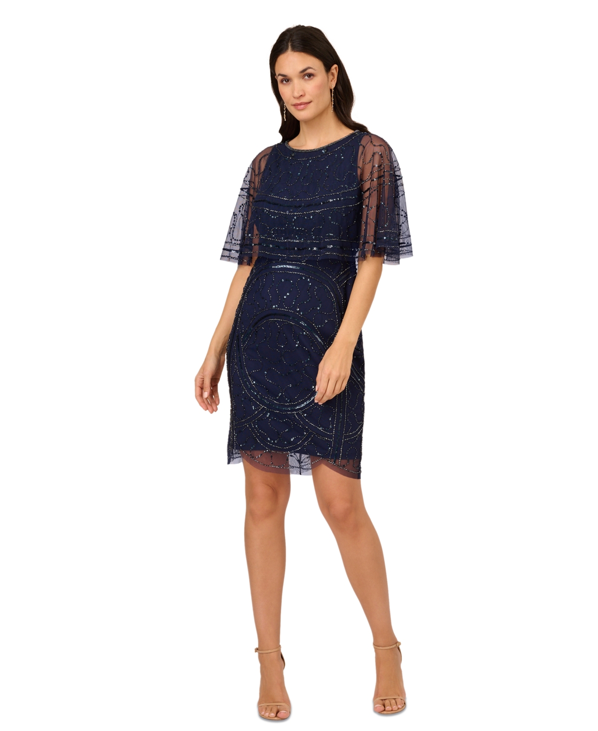 Shop Adrianna Papell Women's Embellished Capelet Dress In Light Navy