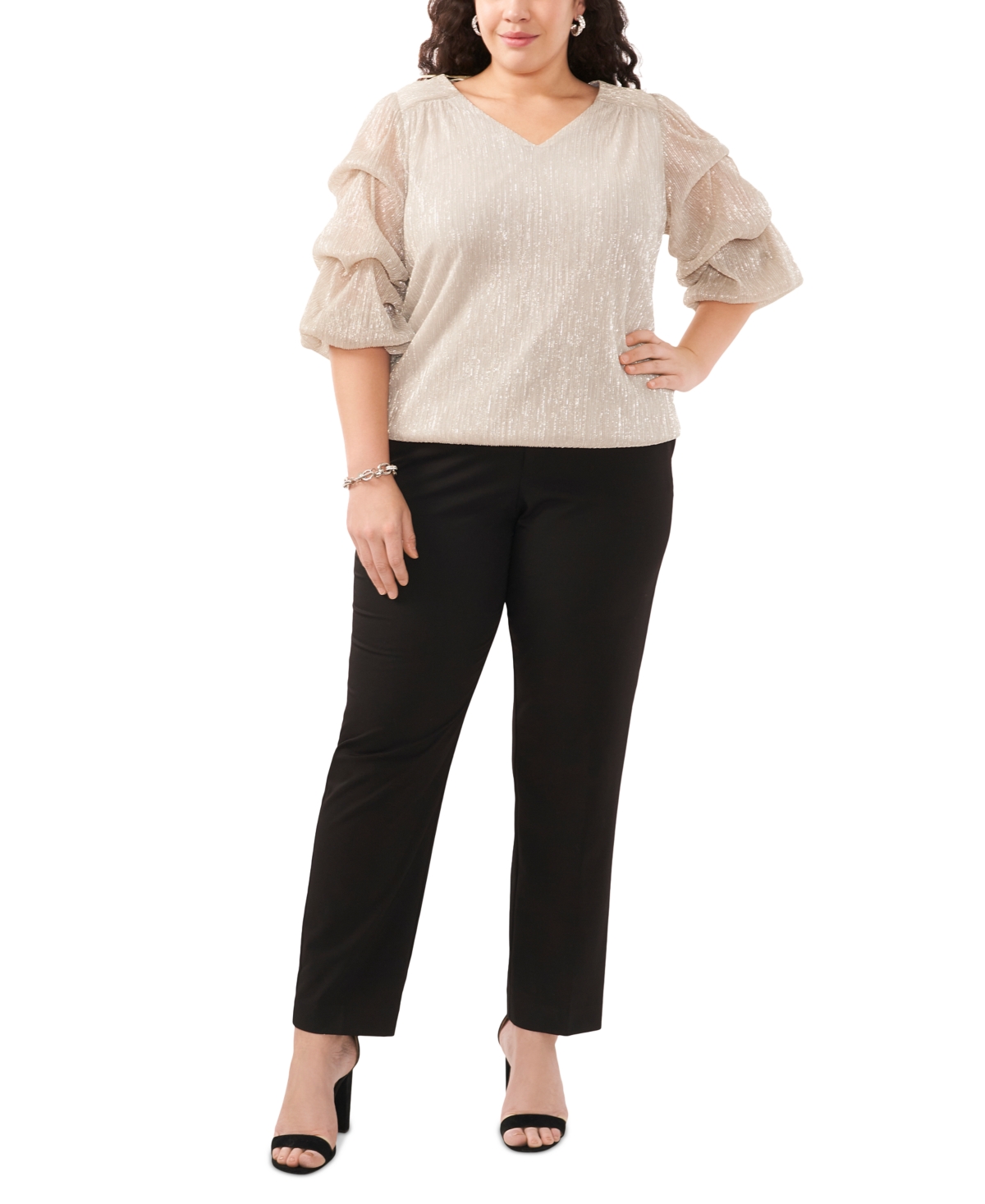 Shop Msk Plus Size Metallic Tiered-sleeve V-neck Top In Silver,gold