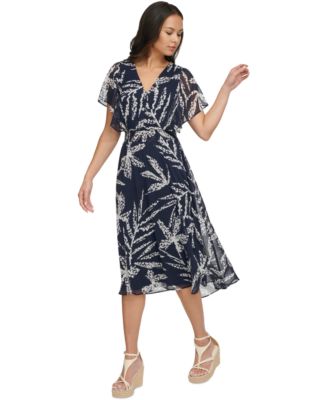 DKNY Women's Printed Chiffon Flutter-Sleeve Midi Dress - Macy's