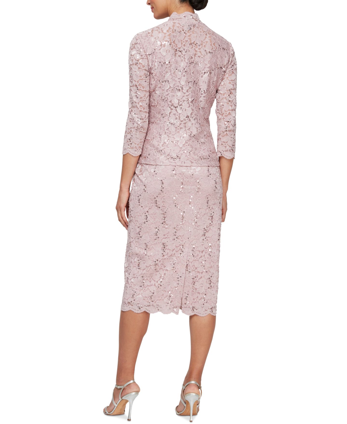 SL Fashions Petite 2-Pc. Lace Jacket & Midi Dress Set, цвет: Пудровый — фото 3