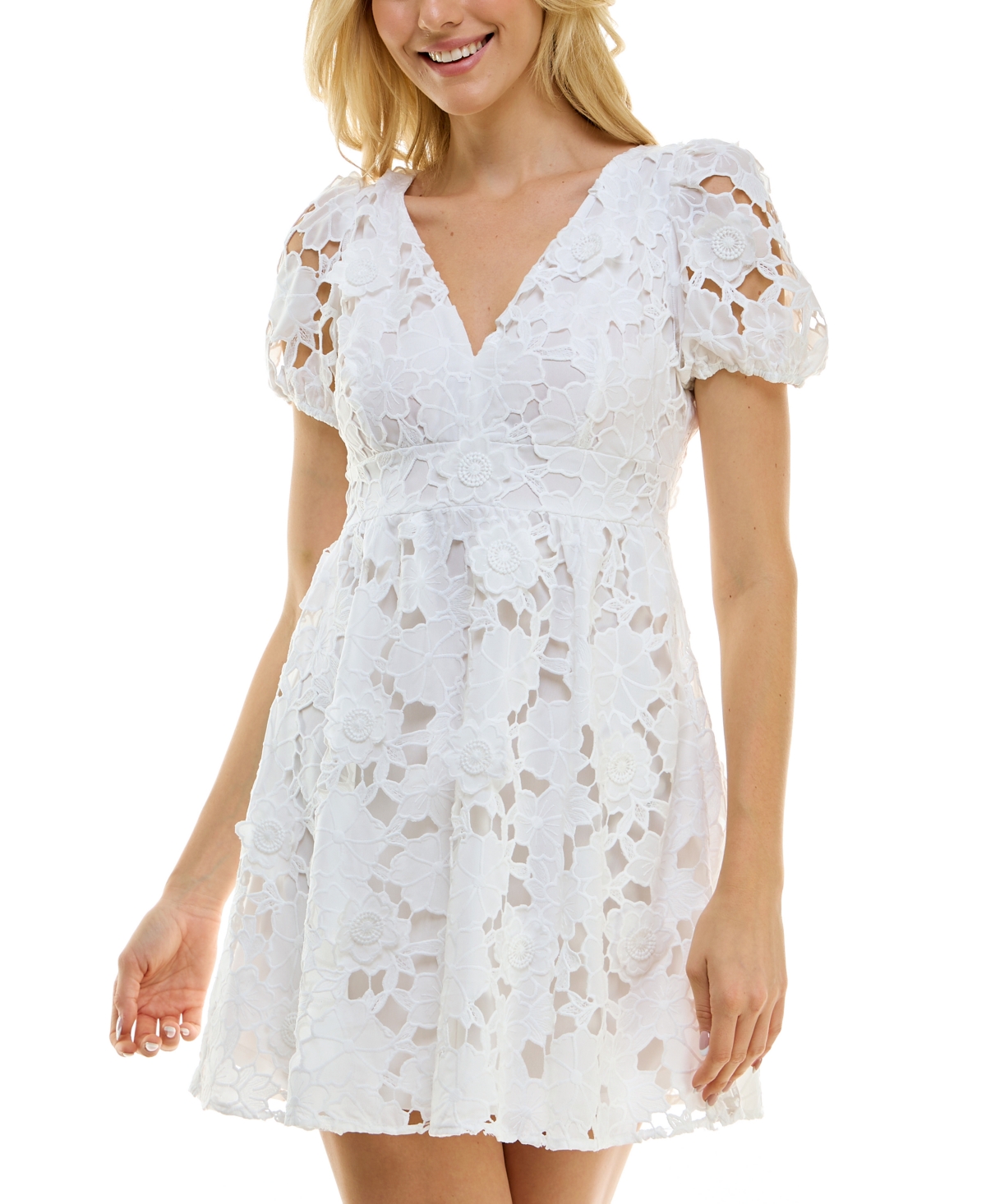 Juniors' Embroidered Puff-Sleeve Dress - White