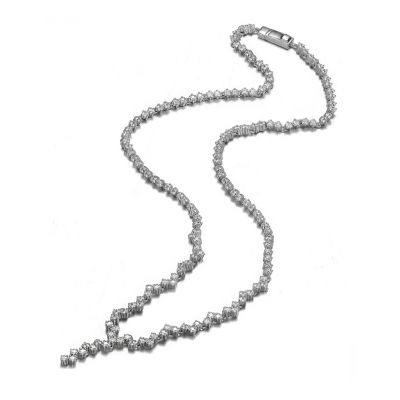 Sterling Silver with White Gold Plated Clear Princess Cubic Zirconia ZigZag Style Necklace
