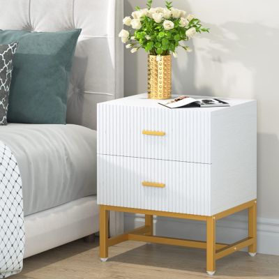 2-Drawer Nightstand, White Gold Night Stands Bed Side Table with Storage Large, Wood Metal Nightstands Bedroom Organizer, Striped