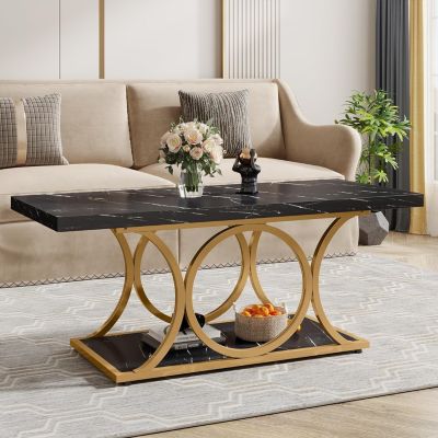 47.24" Modern Coffee Table 2-Tier Faux Marble Wood with Geometric Metal Legs, Stylish & Functional for Living Room Black Friday 2024 Deal
