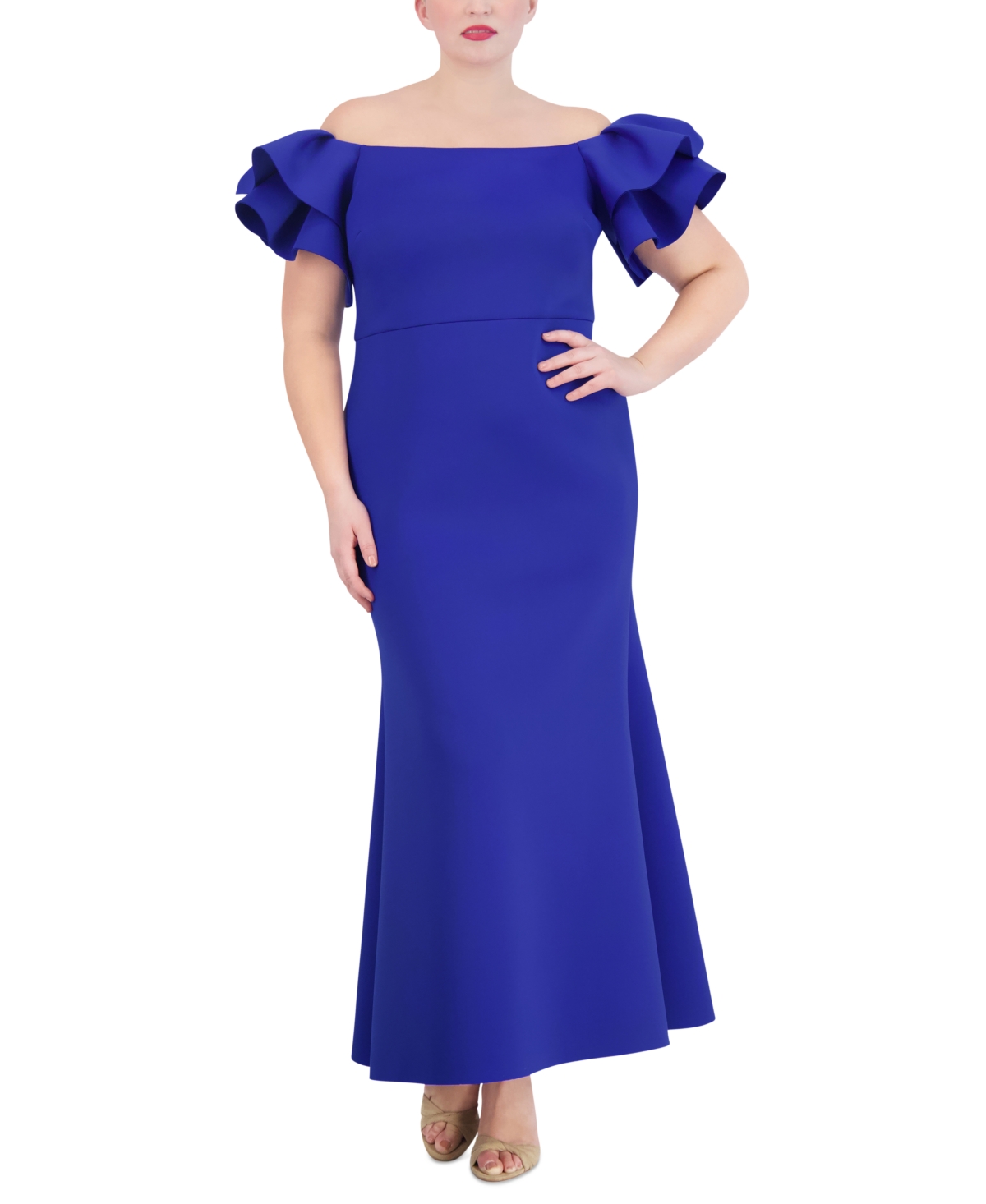 Plus Size Off-The-Shoulder Ruffle-Sleeve Gown - Cobalt