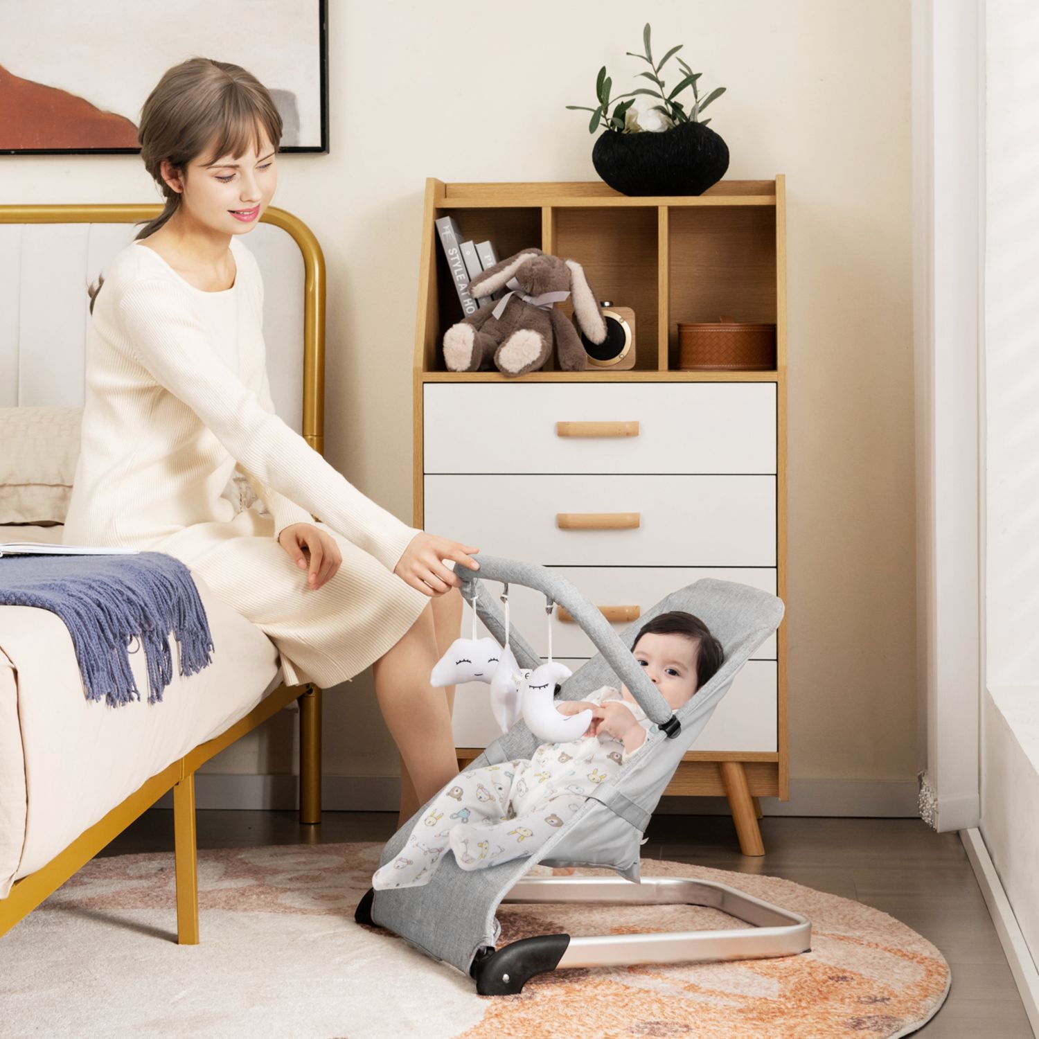 Foldable Infant Bouncer with Removable Fabric Cover and Activity Toy Bar-Grey