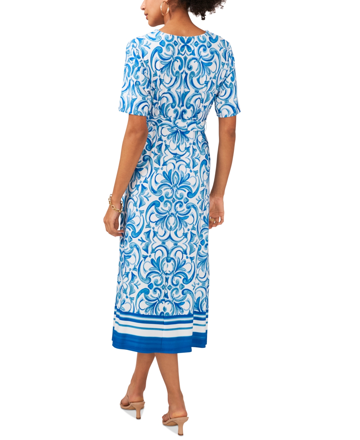 Shop Msk Women's Printed Tie-waist Bordered-hem Midi Dress In New Ivory