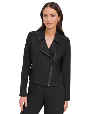 DKNY - Women's Crinkled Asymmetric Front-Zip Moto Jacket