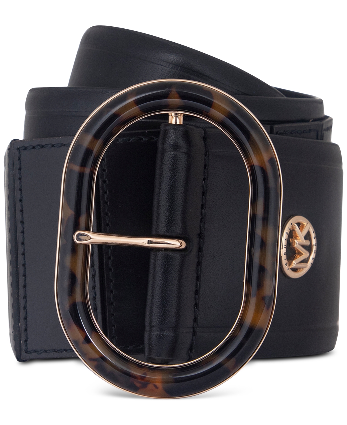 Shop Michael Kors Michael  Women's Animal-print-buckle Leather Belt In Black,gold
