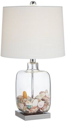Coastal Accent Table Lamp 21.75" High Clear Glass Fillable Sea Shells White Drum Shade for Living Room Family Bedroom Bedside