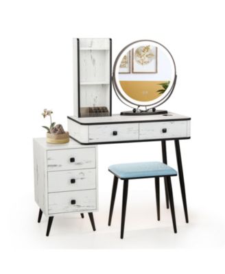 1PC Pine Wood Vanity Table Set with 3-Color Lighted Mirror and Cushioned Stool