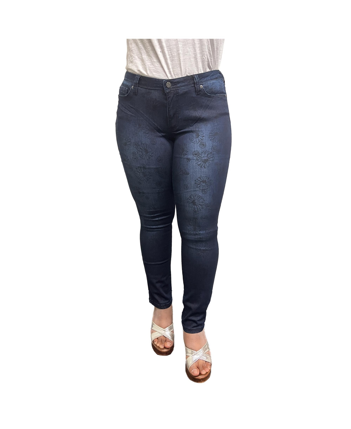 Women's Curvy Fit Stretch Denim Blasted Daisy Printed Mid-Rise Skinny Jeans - Blue daisy print