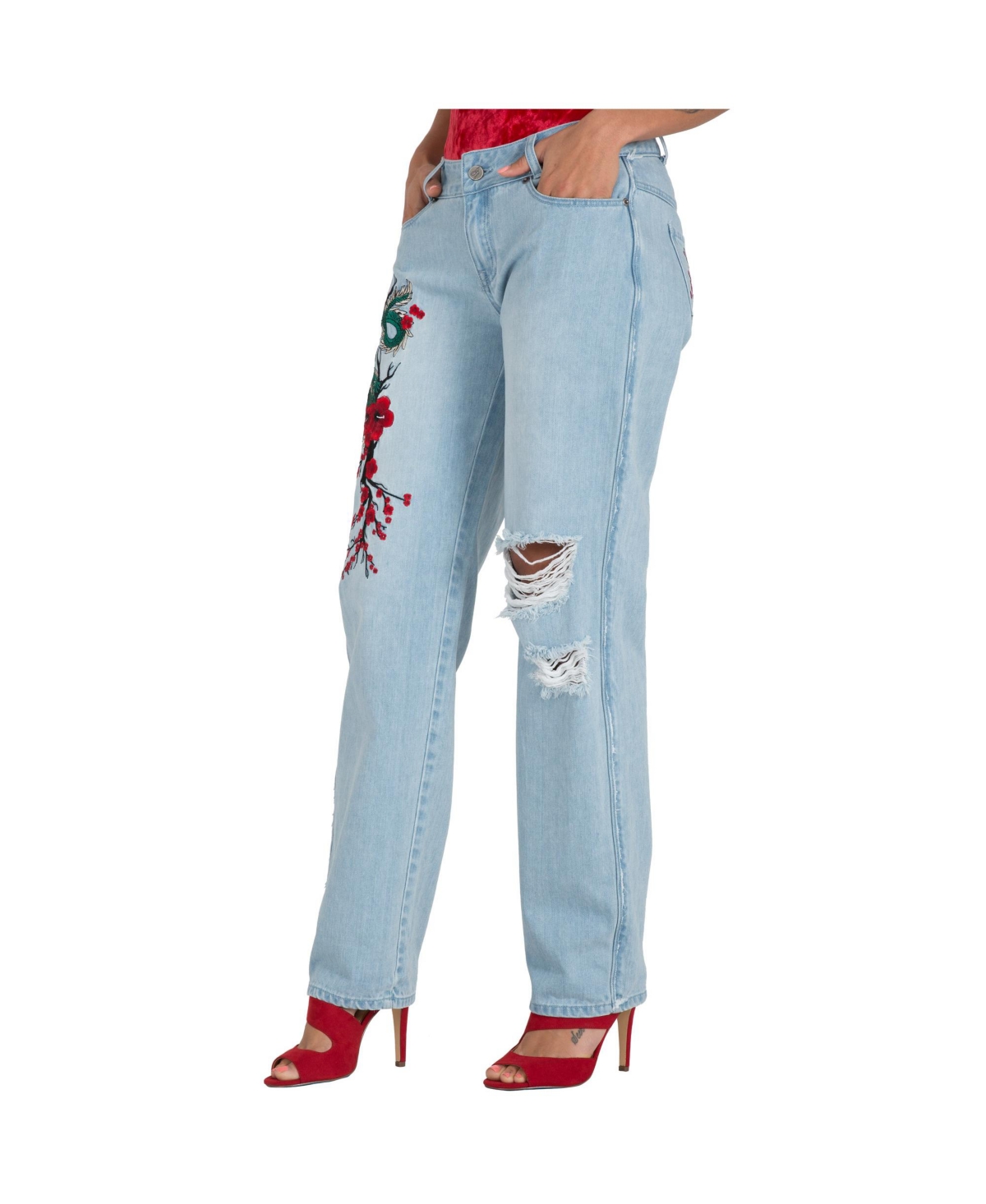 Women's Curvy Fit Light Wash Dragon Embroidered Mom Jeans - Blue dragon