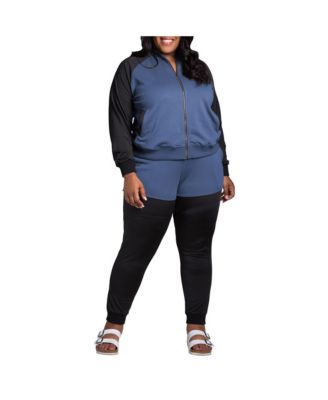 Women's Plus Size Curvy Fit Zip Up Contrast Blocked Sweatshirt Jacket