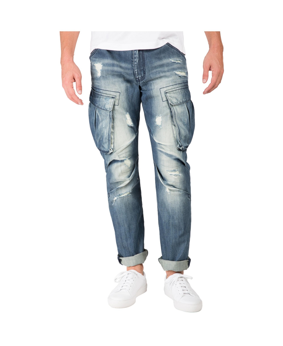 Men's Premium Jeans Slim Straight Intense Blast Distressed Cargo Pocket - Blue vagabond