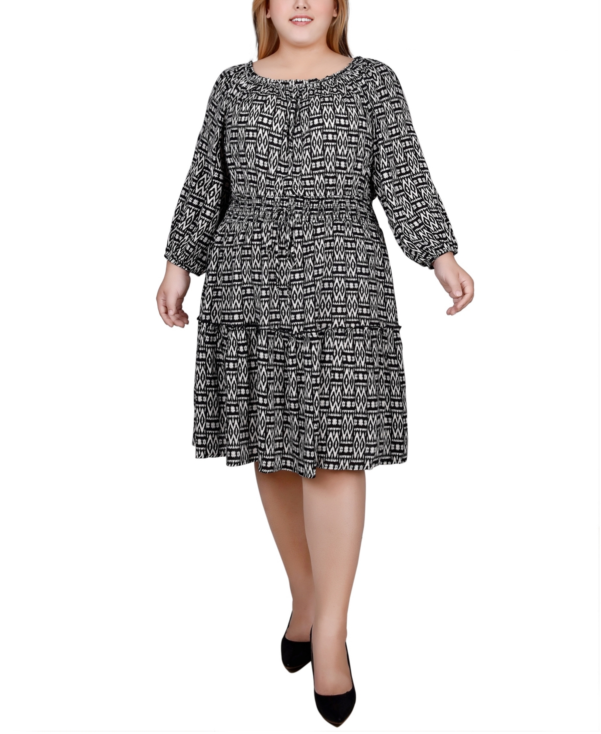 Ny Collection Plus Size Long Sleeve Dress In Tribal Black