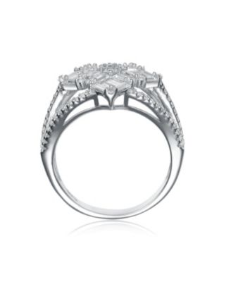 Sterling Silver with White Gold Plated Triple Split Shank Clear Baguette with Round Cubic Zirconia Ring