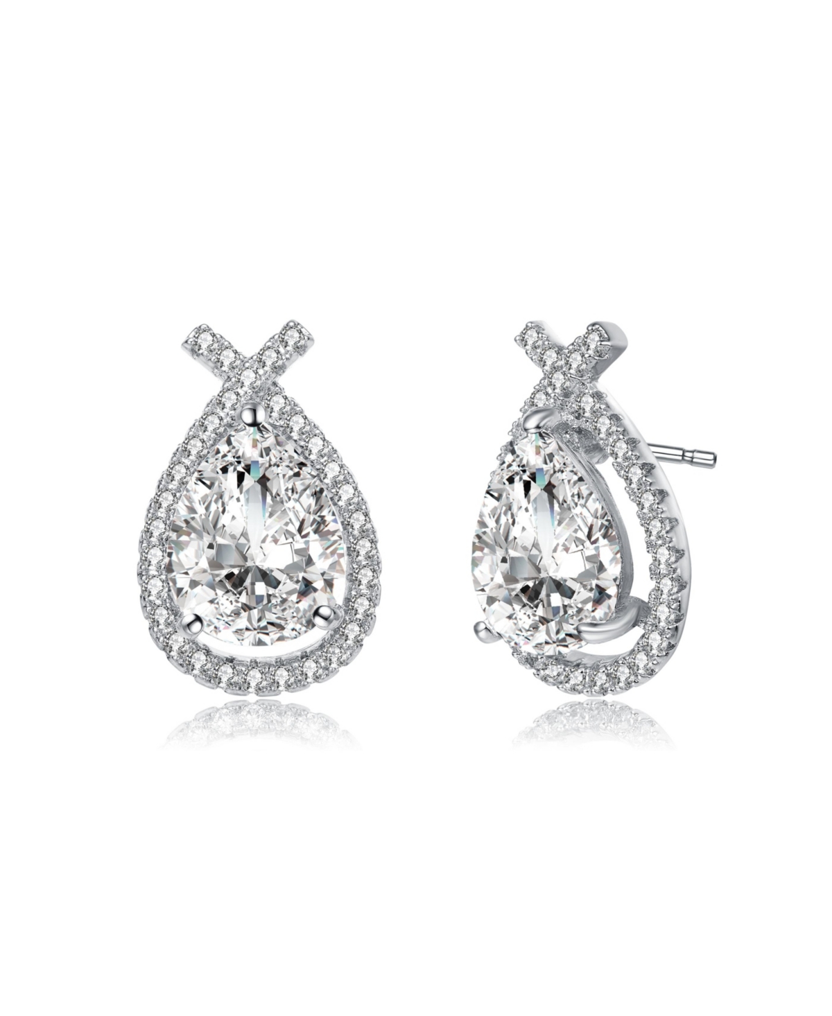 Rachel Glauber Classy White Gold Plated With Clear Cubic Zirconia Oval Drop Earrings In Silver