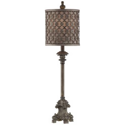 French Buffet Table Lamp Beige Scroll Metal Lattice Candlestick Framed Cylinder Shade for Dining Room