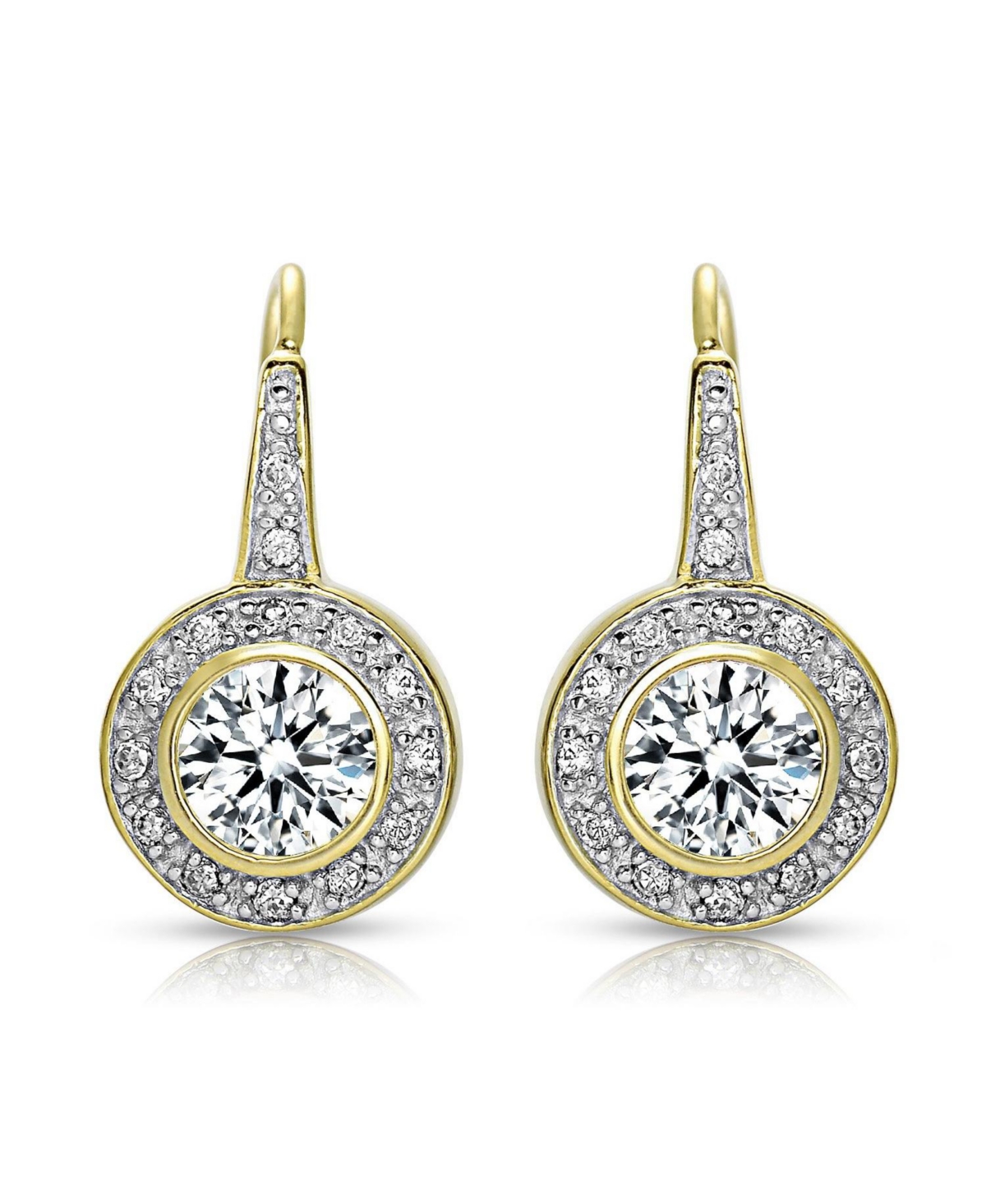 14K Gold Plated Round Cubic Zirconia Bezel Halo Dangle Earrings - Gold