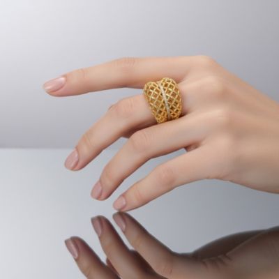 14k Yellow Gold Plated Concave Filigree Wire Dome-Shaped Artistic Adjustable Ring