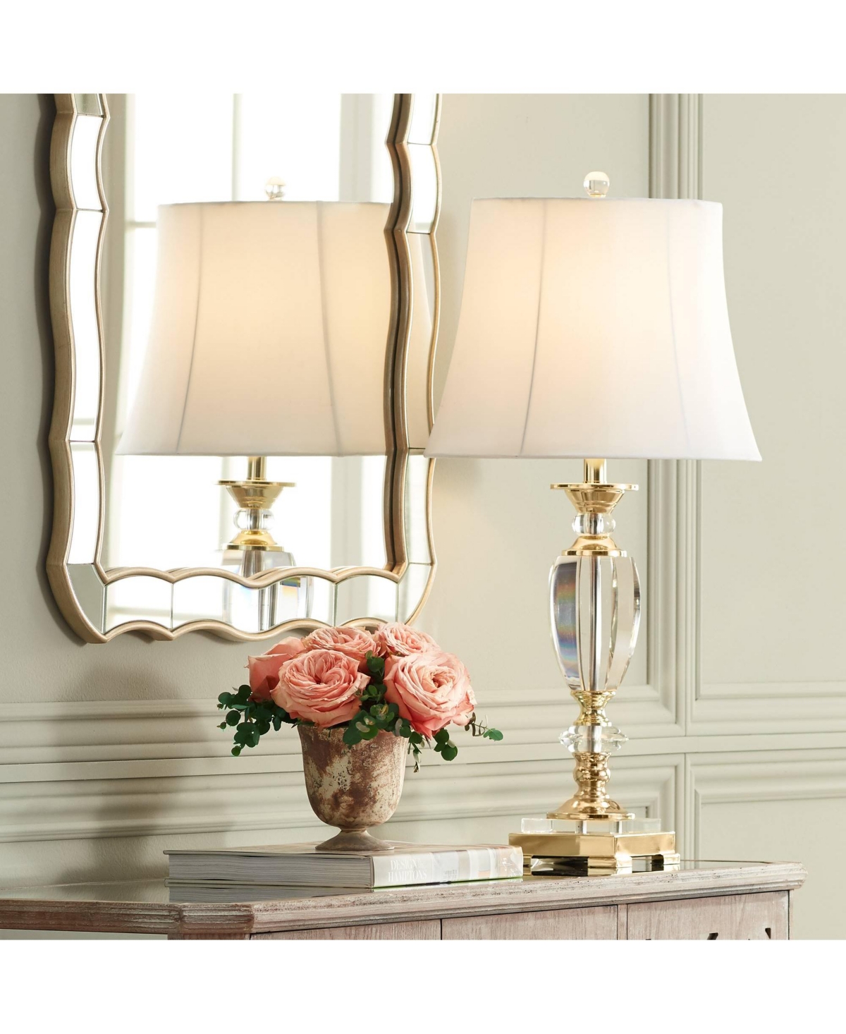 Vienna Full Spectrum Traditional Table Lamp 31" Tall Brass Gold Faceted Clear Crystal White Flared Bell Fabric Shade For