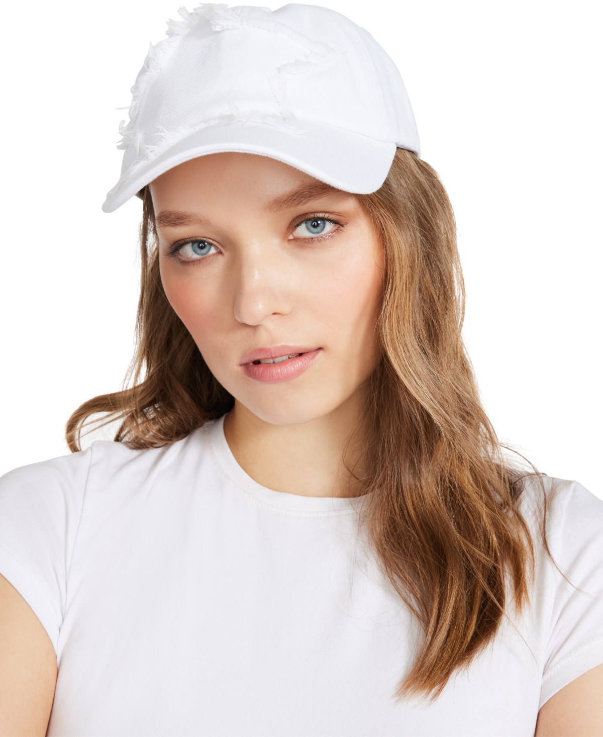 Women's Distressed Denim Baseball Cap - White
