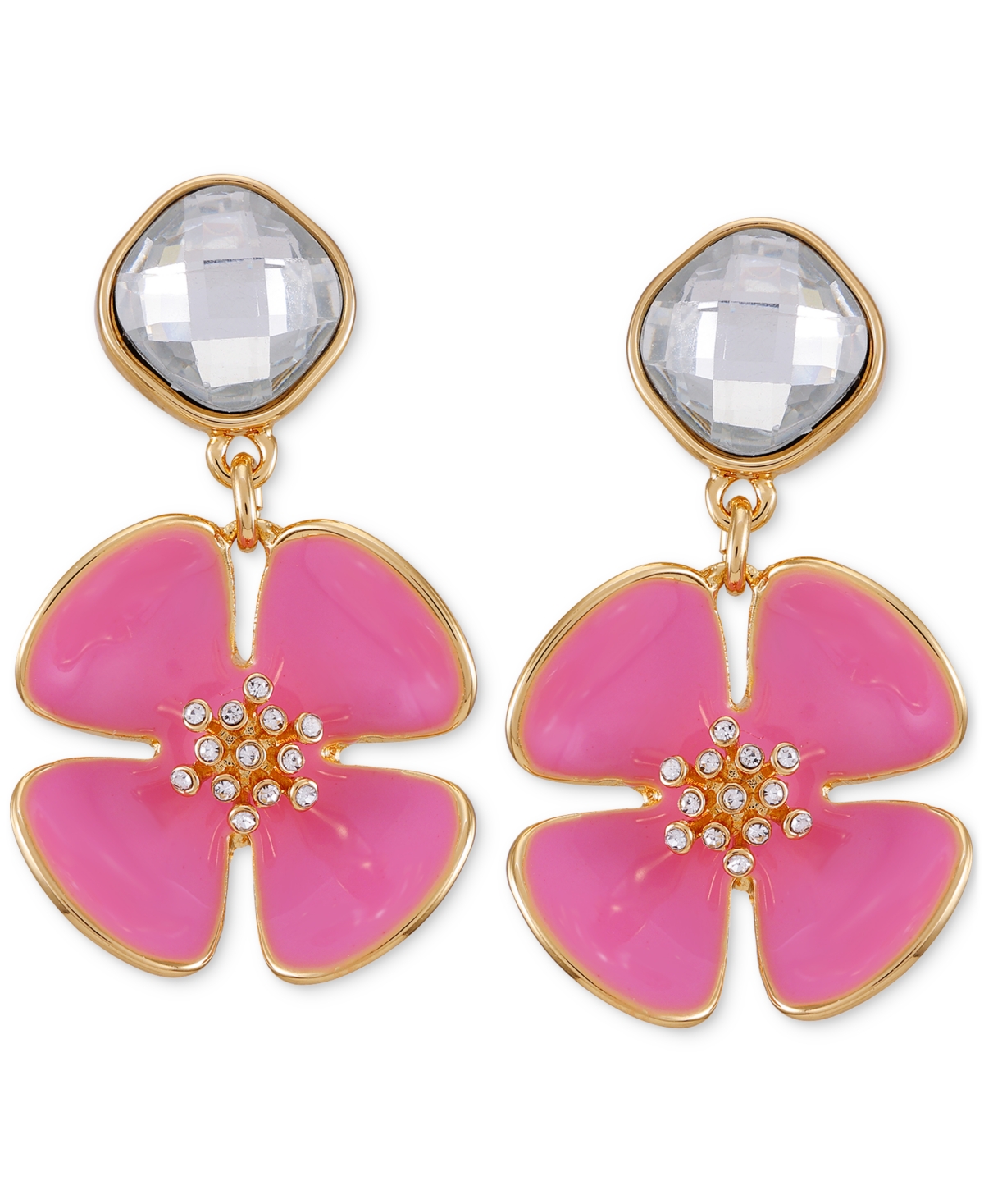 Guess Gold-tone Crystal & Pink Flower Drop Earrings