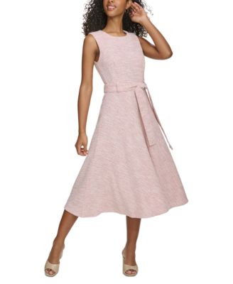 Women's Jewel-Neck Sleeveless Belted Tweed Midi Dress