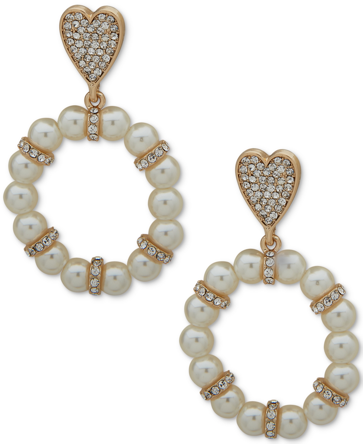 Gold-Tone Pave Heart & Imitation Pearl Drop Earrings - Pearl