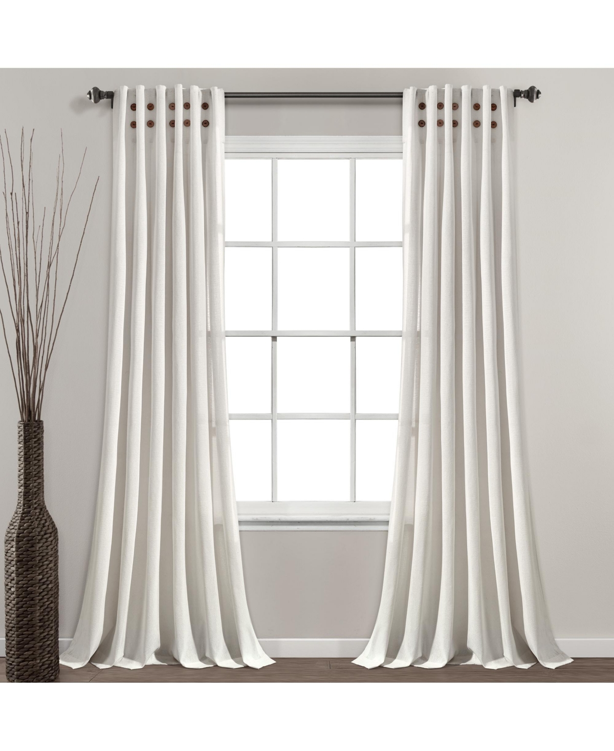 Linen Button Pinched Pleat Window Curtain Panel - Light grey