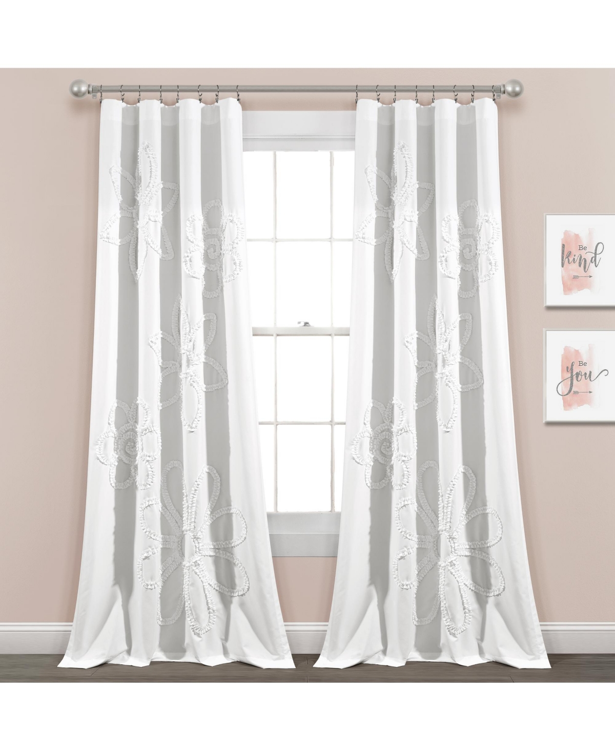 Ruffle Flower Window Curtain Panels White 42X84 Set - White