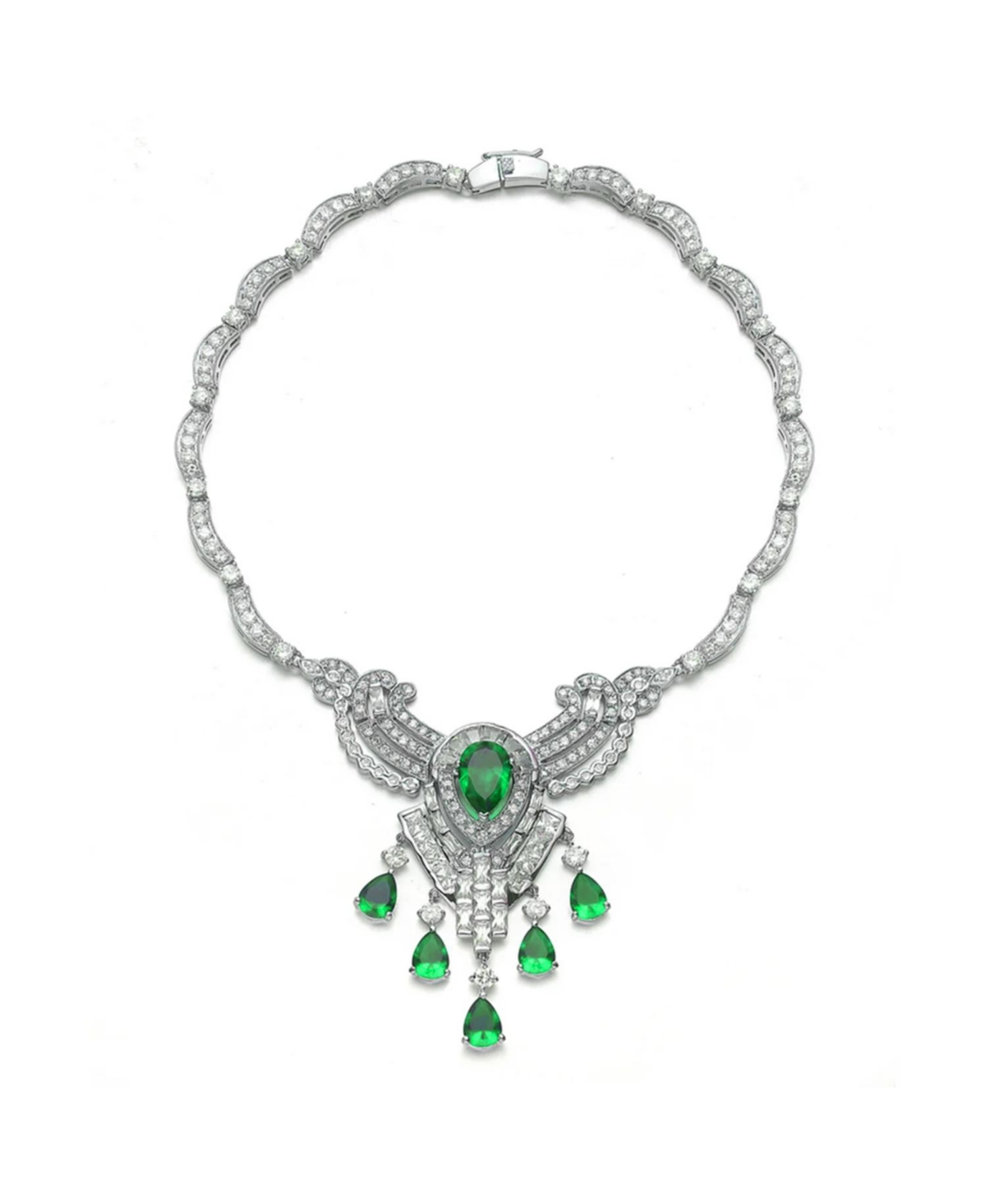 Genevive Elegant Heavy Sterling Silver Teardrop With Cubic Zirconia Accent Necklace In Emerald
