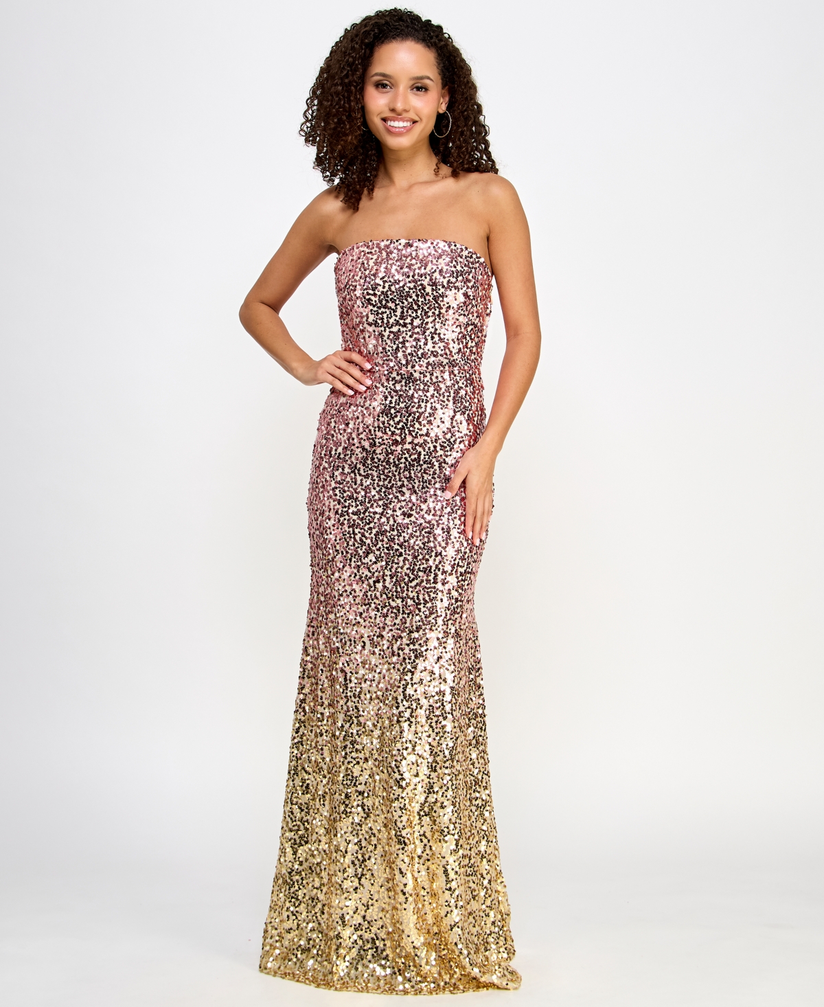 Women's Strapless Ombre Sequin Gown - Pink Gold